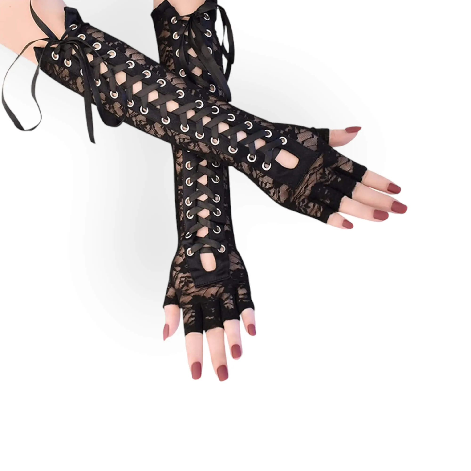 Black Lace Up Long Fingerless Gloves