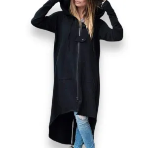 Black Long Zipper Fleece Hooded Jacket