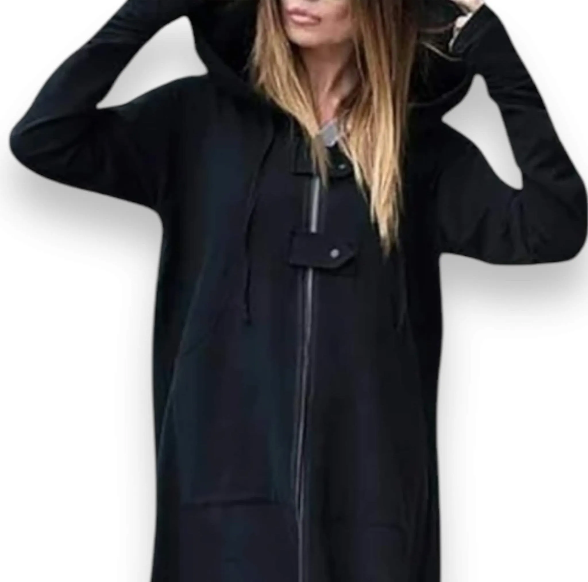 Black Long Zipper Fleece Hooded Jacket