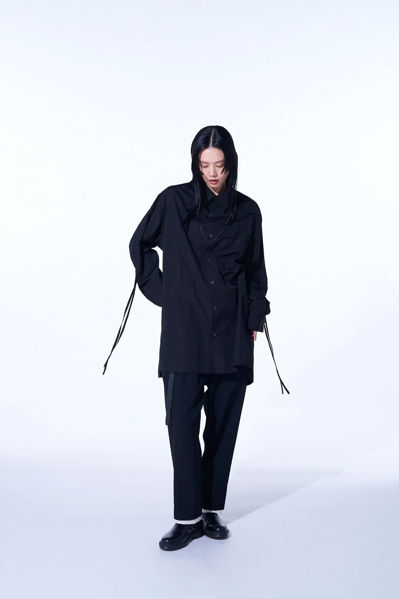 COTTON BROAD CLOTH OVERSIZED SHIRT WITH GATHERED STRINGS