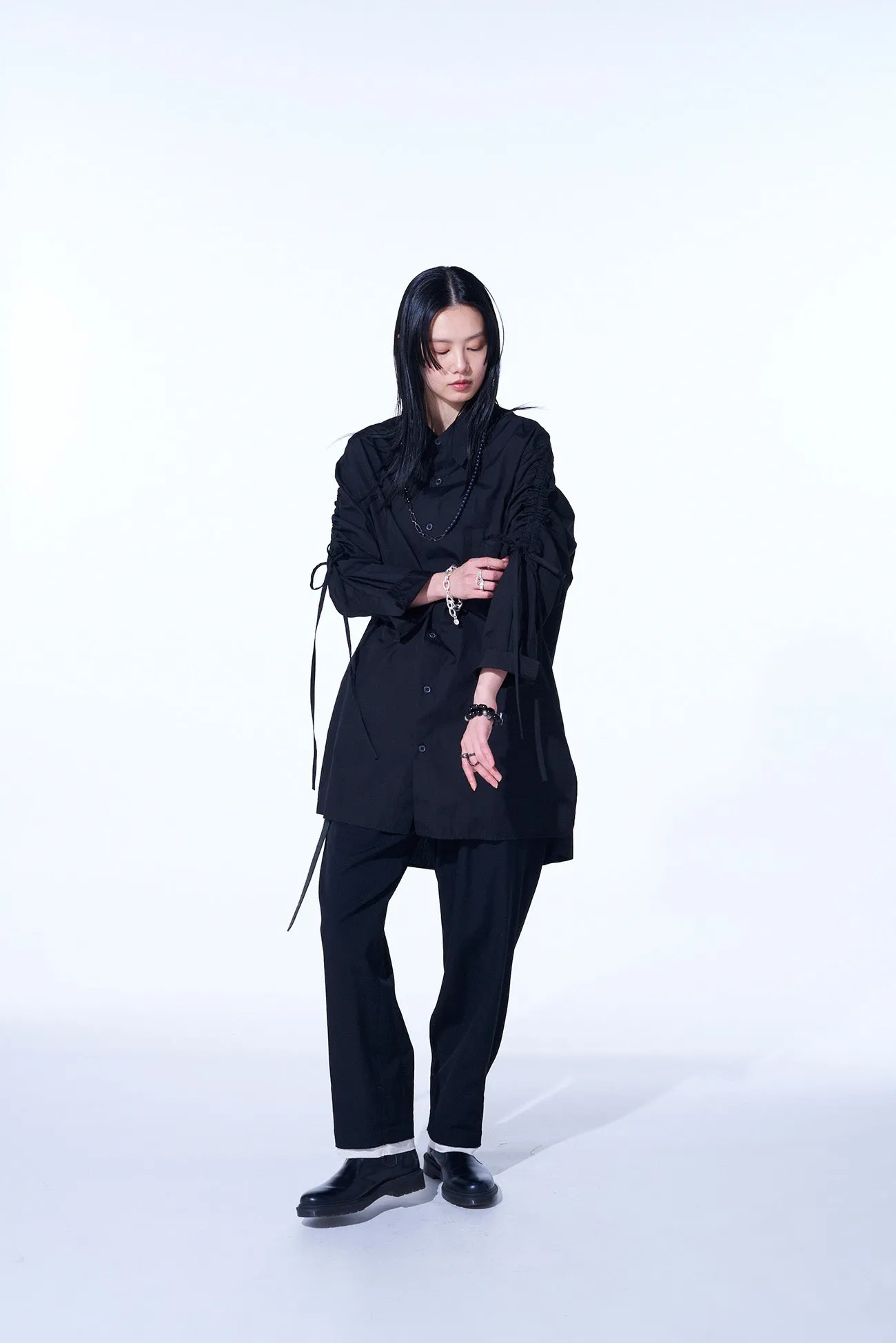 COTTON BROAD CLOTH OVERSIZED SHIRT WITH GATHERED STRINGS