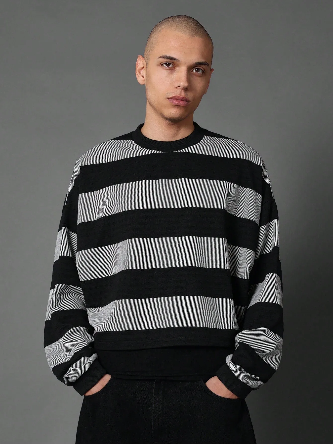 Crop Fit Textured Stripes Crew Neck Sweatshirt