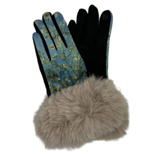 Fur Trimmed Art Design Touch Screen Gloves