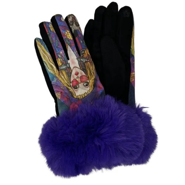 Fur Trimmed Art Design Touch Screen Gloves