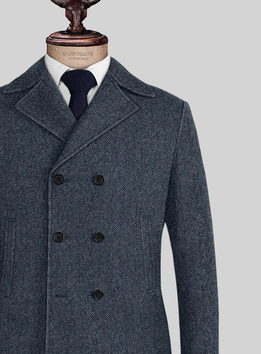 Highlander Heavy Blue Herringbone Tweed Pea Coat