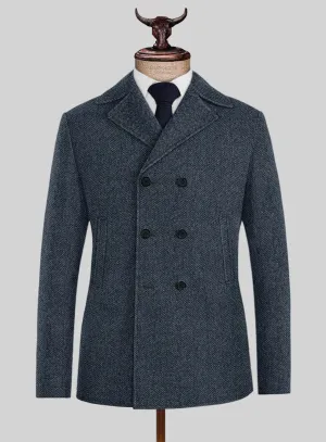 Highlander Heavy Blue Herringbone Tweed Pea Coat