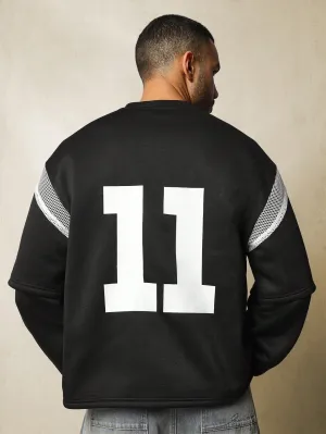 Oversized Fit Rugby Jersey V-Neck Double Layer Sleeve Sweatshirt With Mesh & Graphic Print