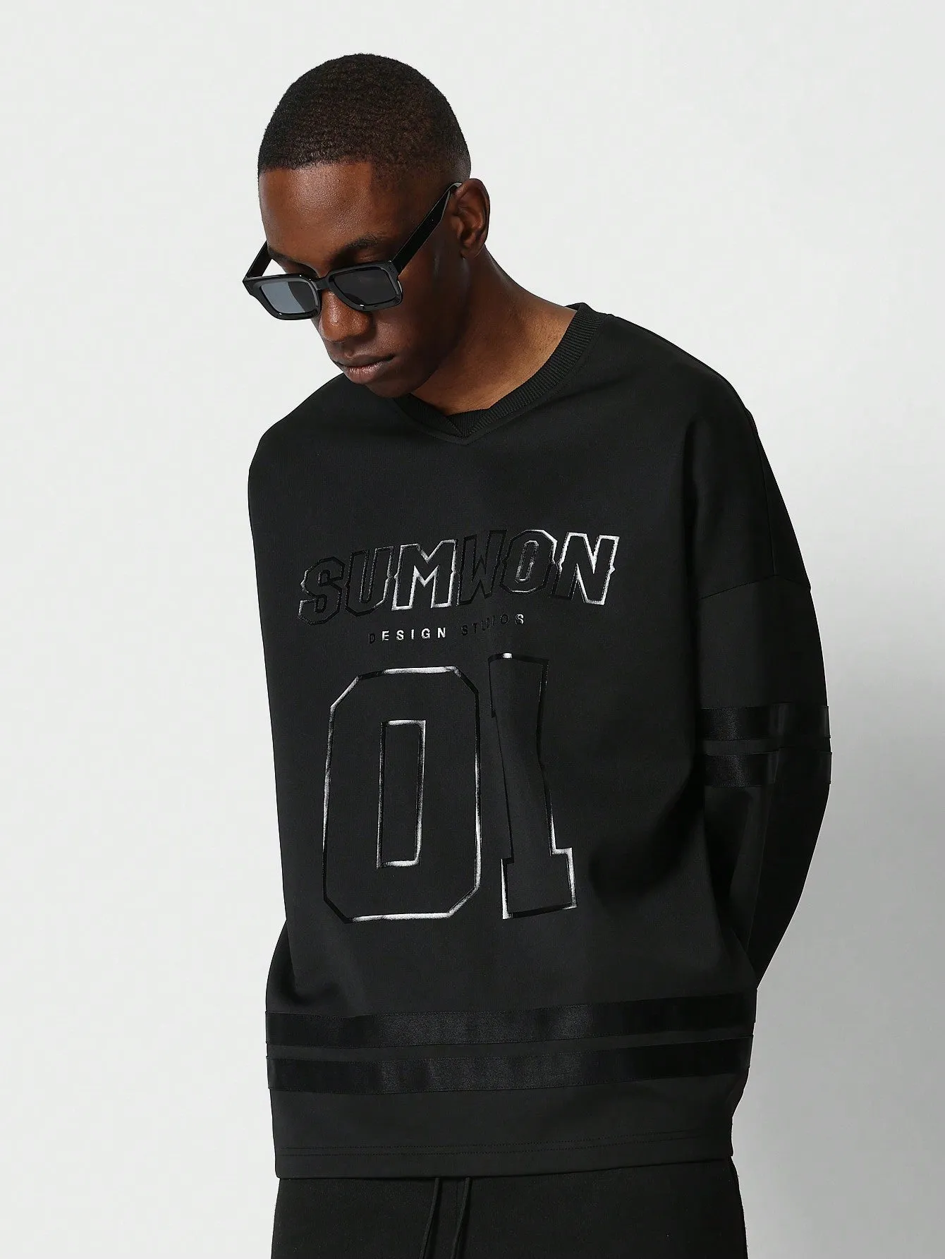 Oversized Fit Sweatshirt With Front Glossy Graphic Print