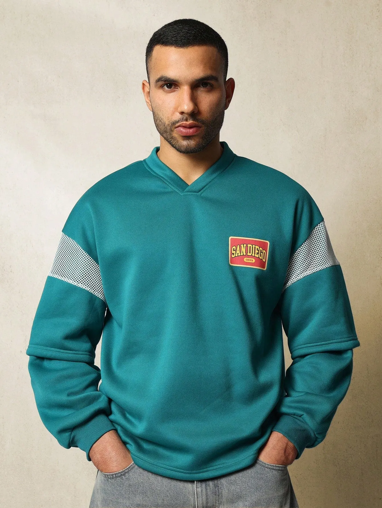 Oversized Rugby Jersey V-Neck Double Layer Long Sleeve Tee With Mesh & Graphic Print