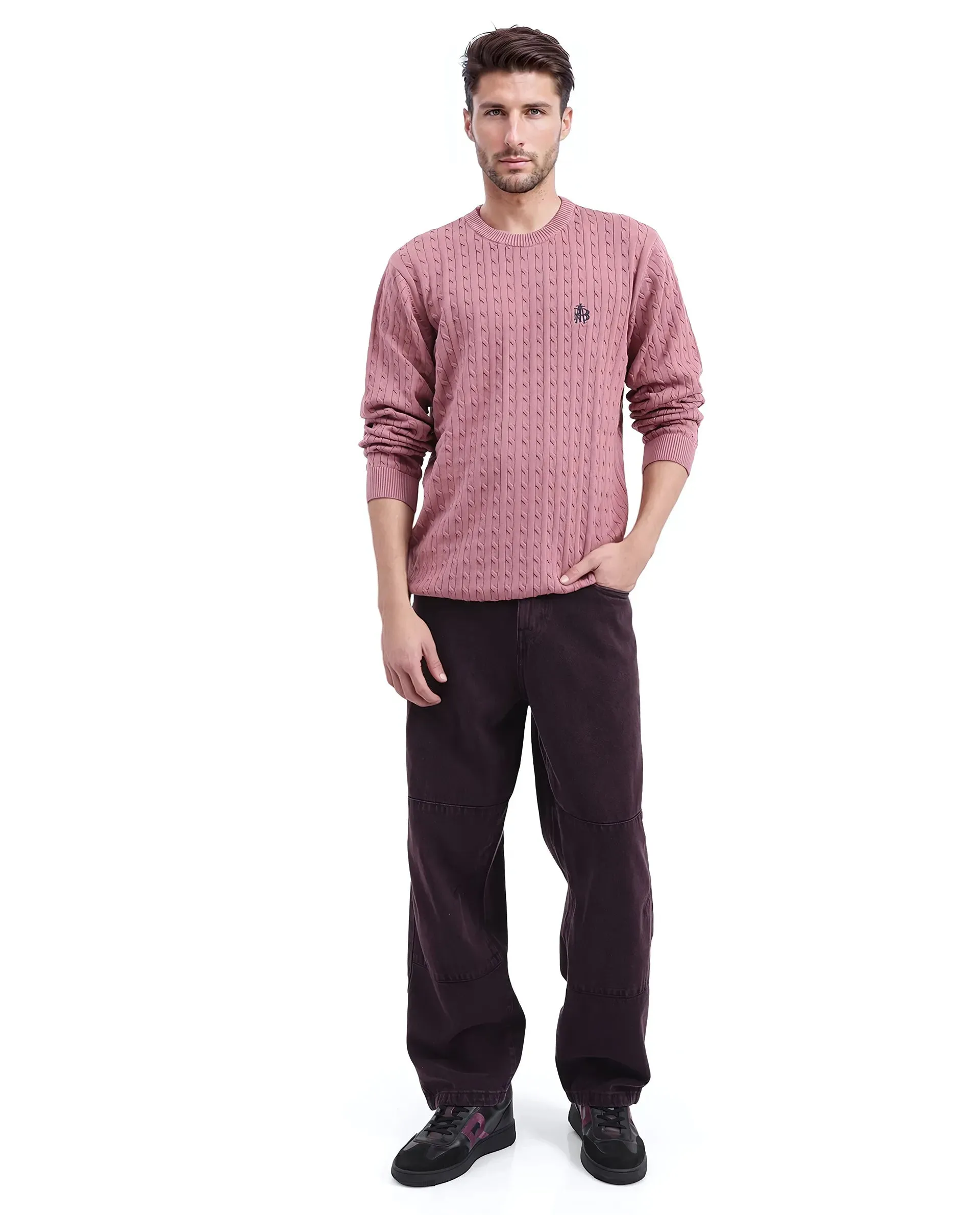 Rare Rabbit Men's Prota Dusky Pink Full Sleeve Collarless Regular Fit Plain Sweater