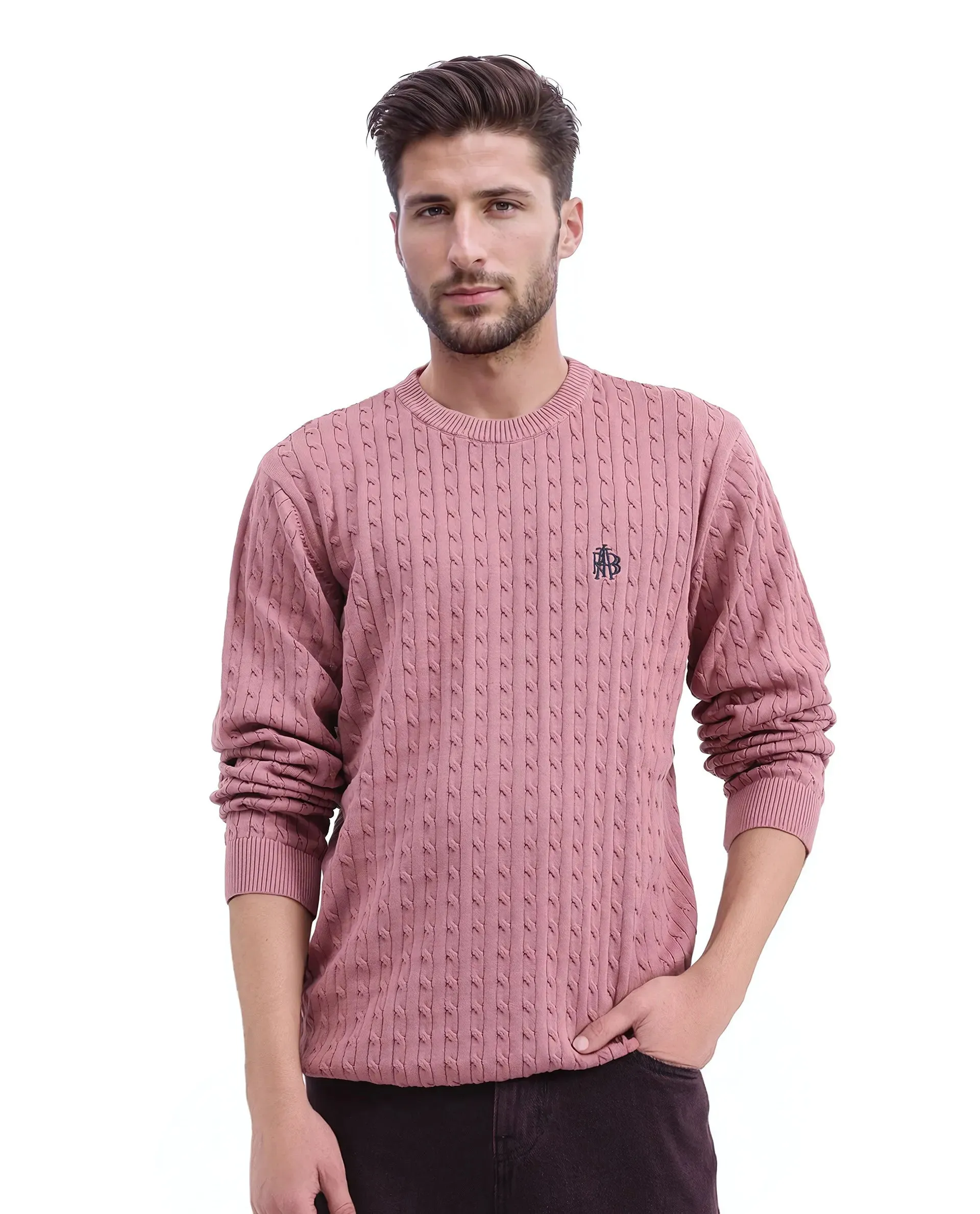 Rare Rabbit Men's Prota Dusky Pink Full Sleeve Collarless Regular Fit Plain Sweater