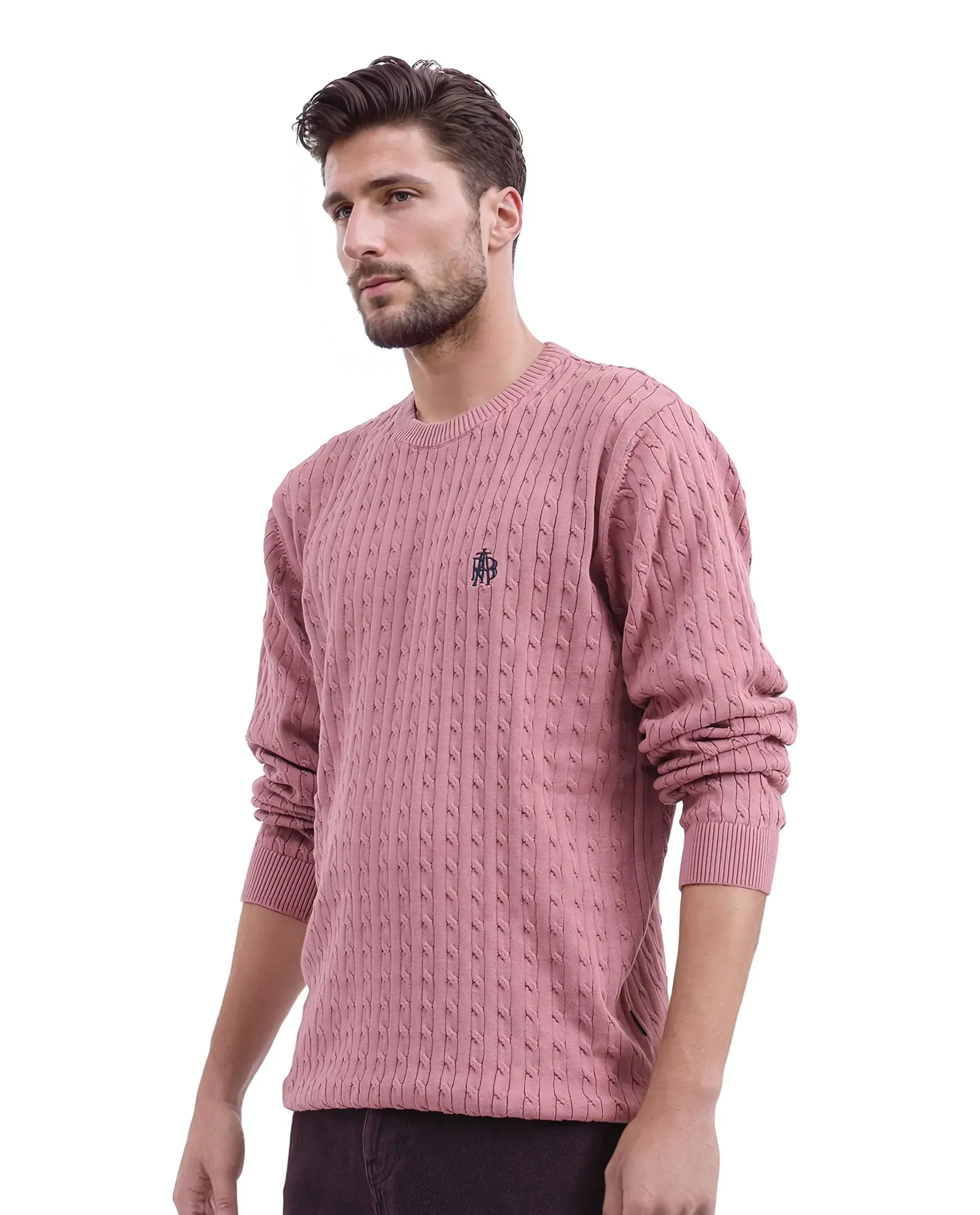 Rare Rabbit Men's Prota Dusky Pink Full Sleeve Collarless Regular Fit Plain Sweater