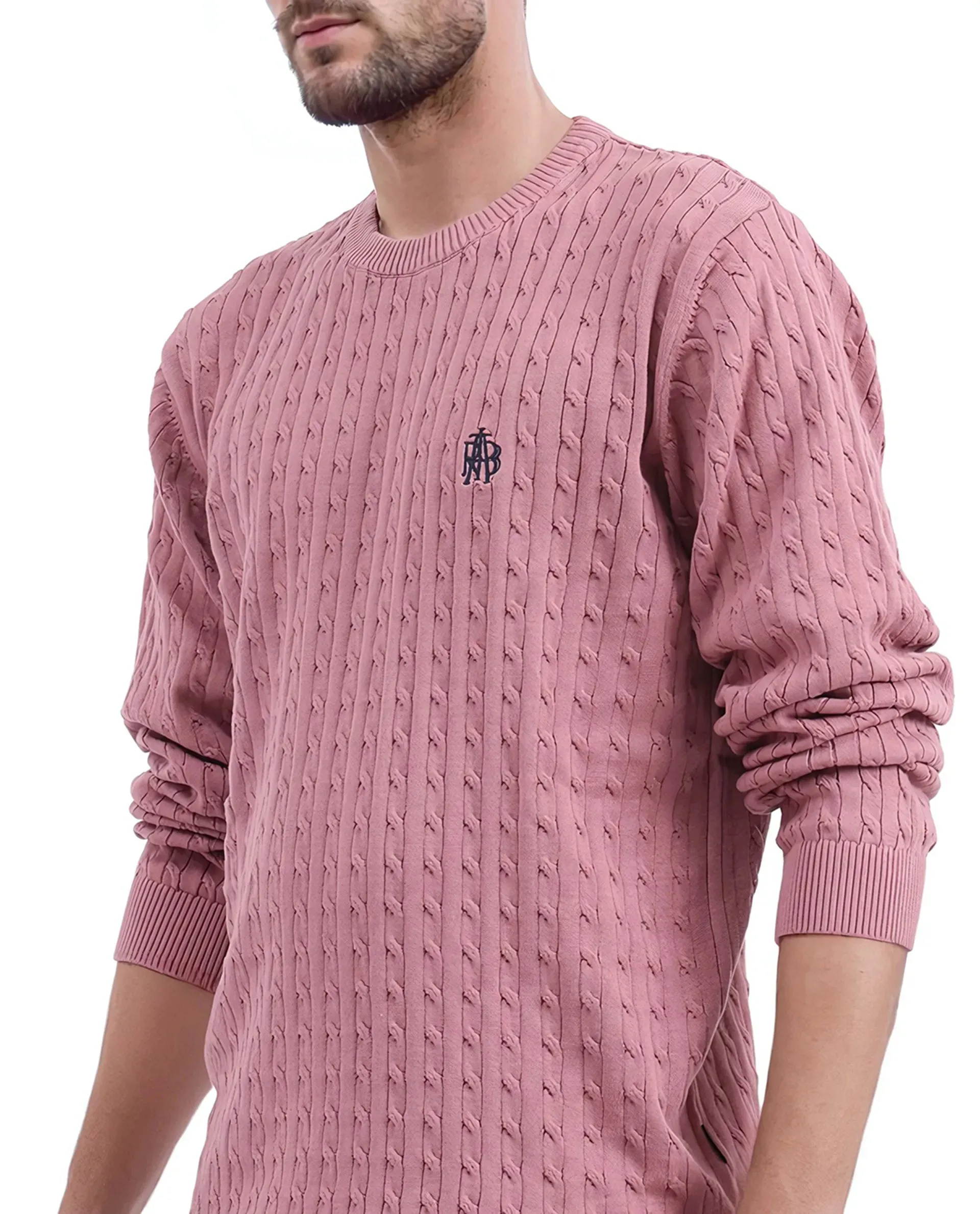 Rare Rabbit Men's Prota Dusky Pink Full Sleeve Collarless Regular Fit Plain Sweater