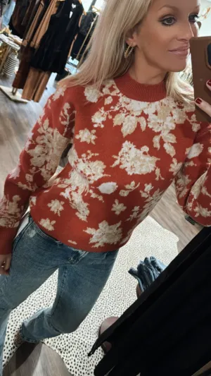 Refined Floral Crew Neck Sweater in Brick