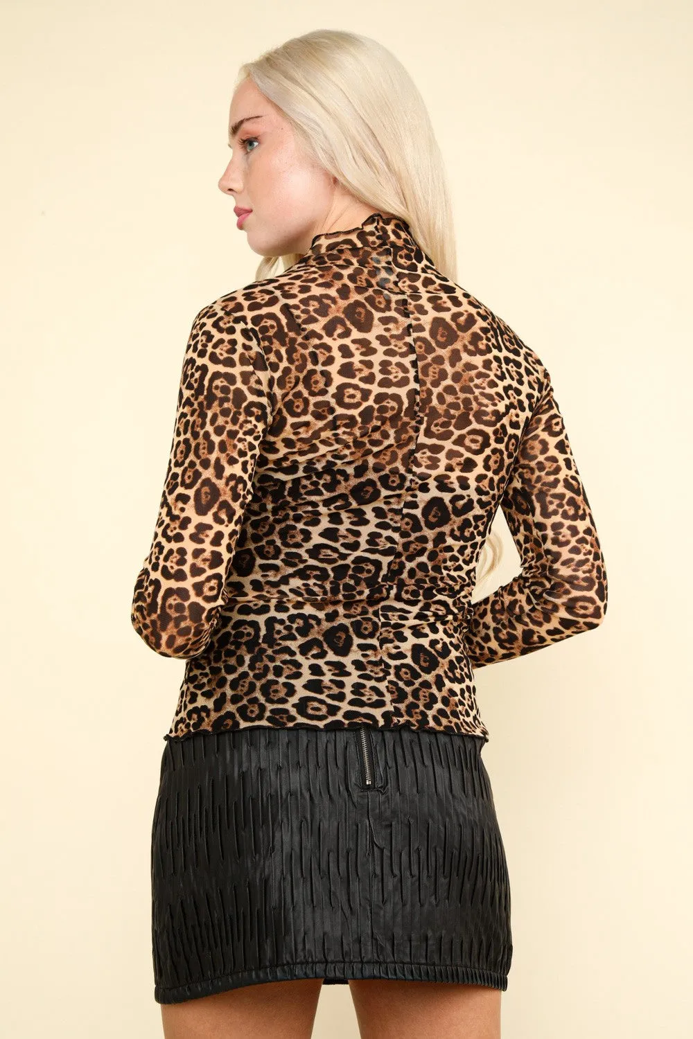 Sheer Mesh Lace Leopard Print Top