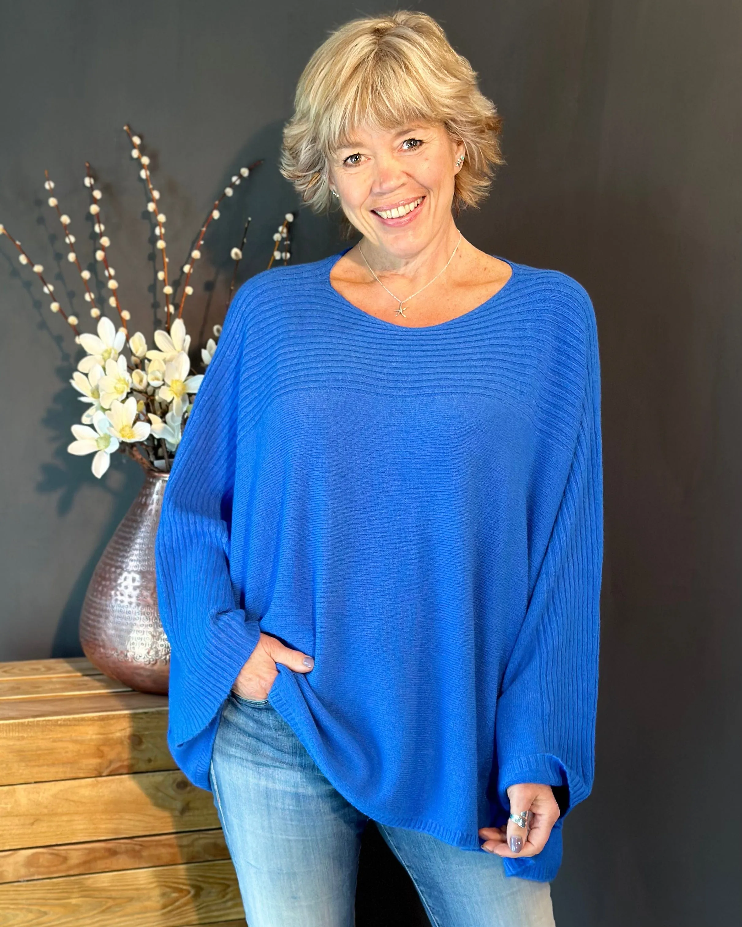 Slash Neck Ribbed Jumper - Cobalt Blue