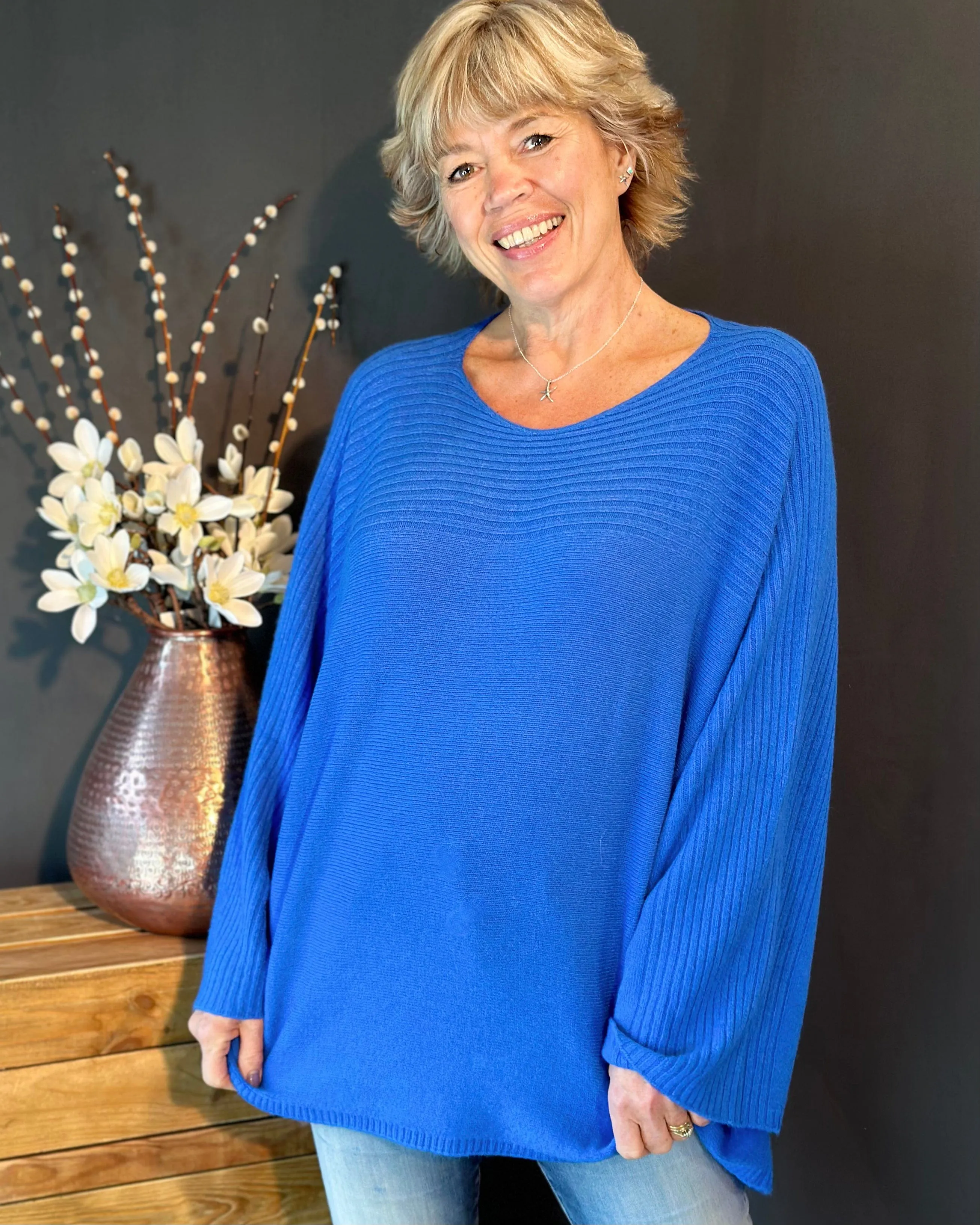 Slash Neck Ribbed Jumper - Cobalt Blue