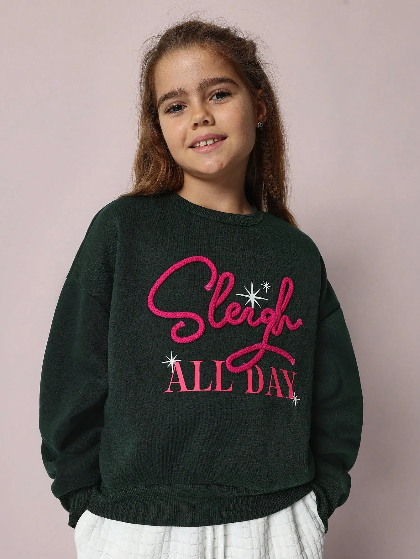 Tween Girls Comfy Christmas Regular Fit Sweatshirt With Sleigh All Day Cord Embroidery