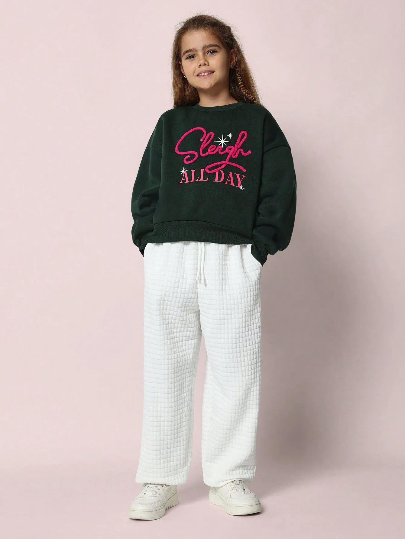 Tween Girls Comfy Christmas Regular Fit Sweatshirt With Sleigh All Day Cord Embroidery