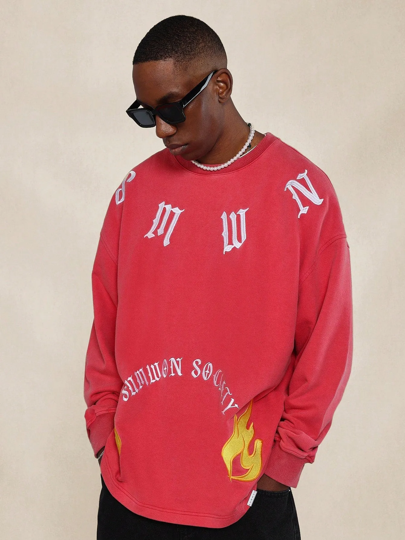 Washed Loopback Long Sleeve Sweatshirt With Large Embroidered Design